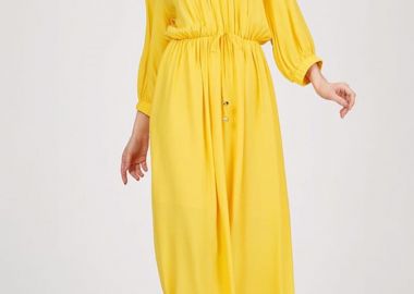 Γυναικείο φόρεμα με σούρες κίτρινο - SOU - 