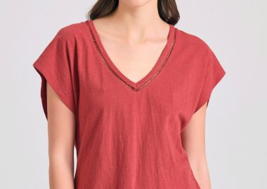 Γυναικείο linen blend μονόχρωμο t-shirt - FUNKY BUDDHA - 