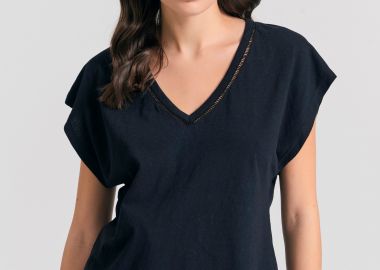 Γυναικείο linen blend μονόχρωμο t-shirt - FUNKY BUDDHA - 