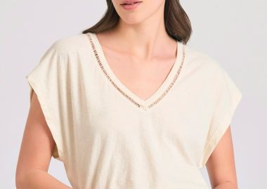 Γυναικείο linen blend μονόχρωμο t-shirt - FUNKY BUDDHA - 