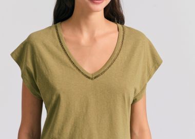 Γυναικείο linen blend μονόχρωμο t-shirt - FUNKY BUDDHA - 