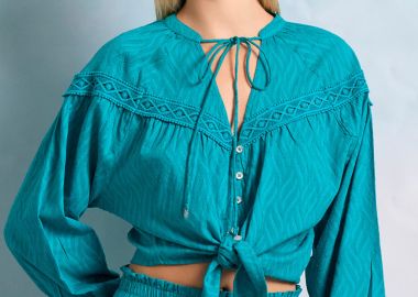 Γυναικείο loose fit πουκάμισο σε ζακάρ ύφανση - FUNKY BUDDHA - 