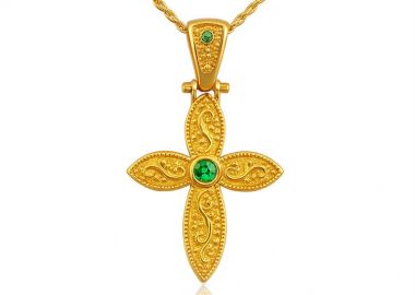 Γυναικείος Σταυρός από Επιχρυσωμένο Ασήμι 925 με Πράσινα Ζιργκόν & Αλυσίδα -  - 