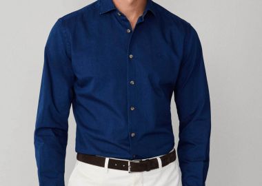 Hackett ανδρικό denim πουκάμισο με κεντημένο λογότυπο Tailored Fit - HM3010534 Μπλε Σκούρο - HACKETT - 