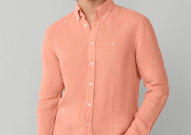 Hackett ανδρικό λινό πουκάμισο button down με κεντημένο λογότυπο Tailored Fit - HM3010635 Πορτοκαλί - HACKETT - 