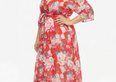 Hi-lo κρουαζέ floral φόρεμα με βολάν σε κοραλλί χρώμα -  - 