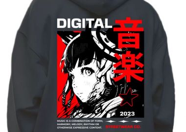Hoodie Digital Music Streetwear - Japanese Girl Anime Pop Culture Black - Pop Culture - 