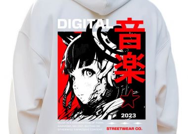 Hoodie Digital Music Streetwear - Japanese Girl Anime Pop Culture White - Pop Culture - 