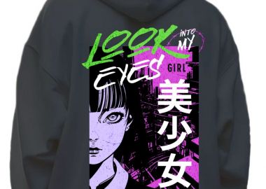 Hoodie Look Into My Eyes - Japanese Girl Anime Pop Culture Black - Pop Culture - 