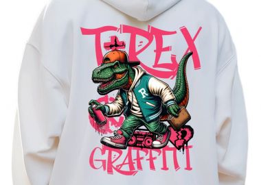 Hoodie T-Rex Urban Hip-Hop Star Y2K Graffiti Streetwear Pop Culture White - Pop Culture - 