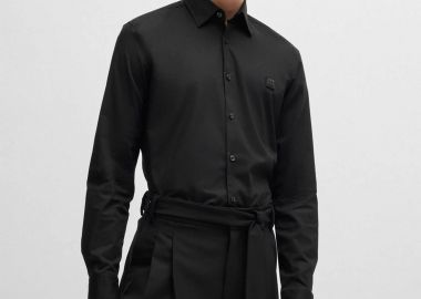 Hugo Boss ανδρικό πουκάμισο μονόχρωμο με logo patch - 50505315 Μαύρο - HUGO - 
