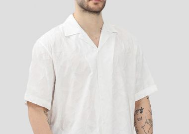 I'M BRIAN Ανδρικό Λευκό White Short Sleeve Shirt Featuring Leaf Design - I'M BRIAN - 