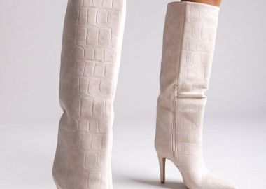 Ideal shoes Μυτερά Μποτάκια με Εφέ Κροκό και Τακούνι Στιλέτο - 2529A - Μπεζ Κροκό - Ideal shoes - 