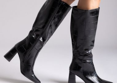 Ideal shoes Μυτερές Μπότες με Τετράγωνο Τακούνι - 6375A - Μαύρο Κροκό - Ideal shoes - 