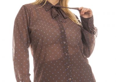 Ημιδιάφανο εμπριμέ πουκάμισο με γραβάτα σε σοκολά χρώμα -  - 