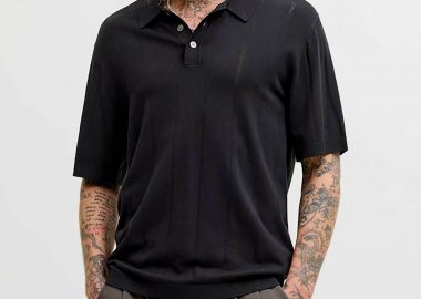 JACK & JONES ανδρική πλεκτή μπλούζα πόλο structured Regular Fit - 12291042 Μαύρο - JACK & JONES - 