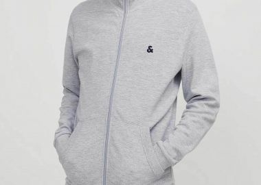 JACK & JONES ανδρική ζακέτα φούτερ μονόχρωμη με κεντημένο λογότυπο και ψηλό λαιμό Regular Fit - 12250737 Γκρι - JACK & JONES - 