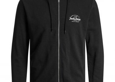 JACK & JONES ανδρική ζακέτα φούτερ μονόχρωμη με κουκούλα και λογότυπο Regular Fit - 12249238 Μαύρο - JACK & JONES - 