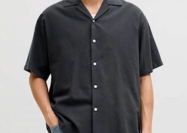 JACK & JONES ανδρικό κοντομάνικο πουκάμισο με λινάρι Relaxed Fit - 12288594 Μαύρο - JACK & JONES - 