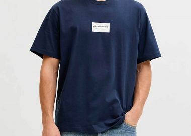 JACK & JONES ανδρικό T-shirt με logo frame Relaxed Fit - 12288092 Μπλε Σκούρο - JACK & JONES - 