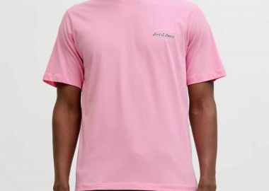 JACK & JONES ανδρικό T-shirt μονόχρωμο με logo print Regular Fit - 12288113 Ροζ - JACK & JONES - 
