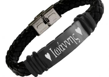 JT Ανδρικό δερμάτινο βραχιόλι ταυτότητα με χάραξη από ατσάλι Μαύρο - JT - 