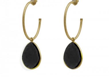 Jt Ασημένια επίχρυσα σκουλαρίκια κρεμαστά με πέτρα δάκρυ Μαύρο - JT - 