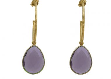 Jt Ασημένια επίχρυσα σκουλαρίκια κρεμαστά με πέτρα δάκρυ Μοβ - JT - 