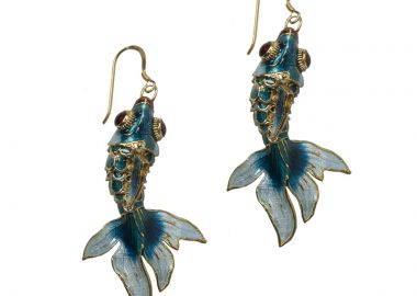 Jt Ασημένια κρεμαστά σκουλαρίκια χρυσά ψάρια κλουαζονέ - JT - 