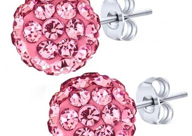 Jt Ασημένια σκουλαρίκια ντισκομπάλα με κρύσταλλα Ροζ σκούρο - JT - 
