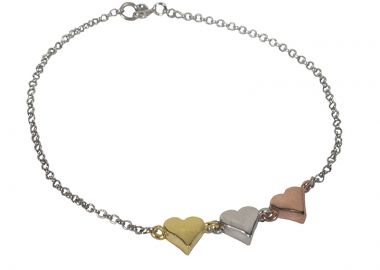 Jt Ασημένιο βραχιόλι τρίχρωμες καρδιές Χωρίς Χάραξη - JT - 