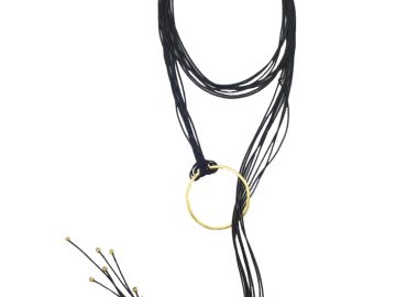 Jt Ασημένιο μακρύ κολιέ γραβάτα χρυσός κύκλος με κορδόνι - JT - 