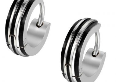 Jt Ατσάλινα unisex σκουλαρίκια κρίκοι μικροί 3 ρίγες μαύρες - JT - 