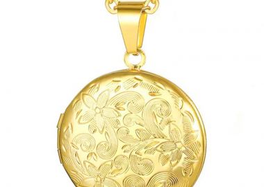 Jt Ατσάλινο χρυσό κολιέ με φωτογραφια - φωτογραφοθήκη με λουλούδια Χάραξη κειμένου σκουρόχρωμη στην δεξιά εσωτερική πλευρά - JT - 