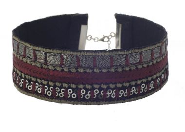 Jt Χειροποίητο ασημένιο τσόκερ κολιέ κέντημα & πούλιες Κόκκινο Μπορντό - JT - 