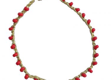 Jt Χρυσό βραχιόλι ποδιού κόκκινες χάντρες και ορείχαλκος - JT - 