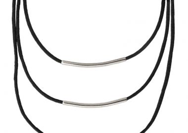 JT Εντυπωσιακό μαύρο ασημί τριπλό κολιέ σατέν κορδόνι - JT - 