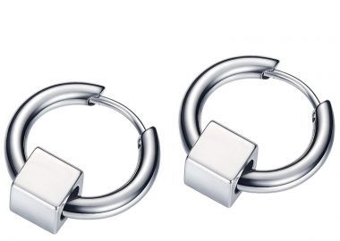 Jt Unisex ατσάλινα σκουλαρίκια κρίκοι μικροί με κύβο - JT - 