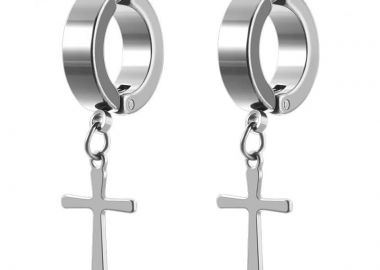 Jt Unisex σκουλαρίκια κρίκοι κλιπ με σταυρό ατσάλινα Ασημί - JT - 