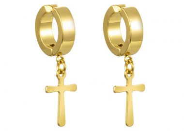 Jt Unisex σκουλαρίκια κρίκοι κλιπ με σταυρό ατσάλινα Χρυσό - JT - 