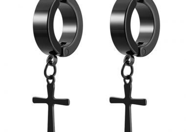 Jt Unisex σκουλαρίκια κρίκοι κλιπ με σταυρό ατσάλινα Μαύρο - JT - 