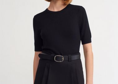 JULIA γυναικεία πλεκτή μπλούζα κοντομανικη με στρόγγυλη λαιμόκοψη μαύρο - SOU - 