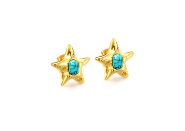 Καρφωτά σκουλαρίκια αστέρια με τυρκουάζ πέτρα από ανοξείδωτο ατσάλι σε χρυσή απόχρωση -  - 