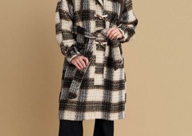 Καρό παλτό με κουκούλα και ζώνη - 5206634997869 -  - 