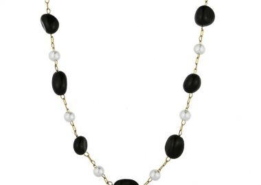 Κολιέ Από Ανοξείδωτο Ατσάλι Επιχρυσωμένο Με Ημιπολύτιμο Λίθο Μαύρο Αχάτη Και Μαργαριτάρια TA17364 45cm - AMOR AMOR - 