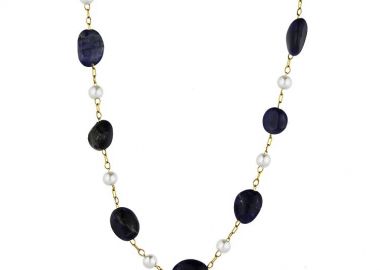 Κολιέ Από Ανοξείδωτο Ατσάλι Επιχρυσωμένο Με Ημιπολύτιμο Λίθο Σοδαλίτη Και Μαργαριτάρια TA17361 45cm - AMOR AMOR - 