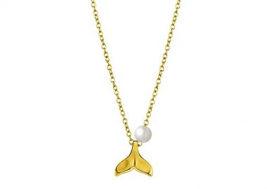 Κολιέ Από Ανοξείδωτο Ατσάλι Και Ορείχαλκο Επιχρυσωμένο 24Κ Με Ουρά Φάλαινας Και Μαργαριτάρι AA15097 - AMOR AMOR - 