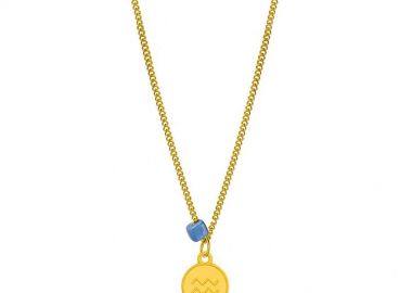 Κολιέ Από Ανοξείδωτο Ατσάλι Και Ορείχαλκο Επιχρυσωμένο 24Κ Με Το Ζώδιο του Υδροχόου Και Χάντρα AA15815 - AMOR AMOR - 