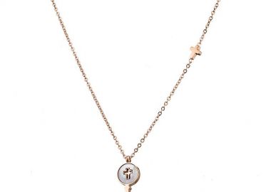 Κολιέ Από Ανοξείδωτο Ατσάλι Ροζ Επιχρυσωμένο Με Κλειδί Και Σταυρό AS19054 - AMOR AMOR - 