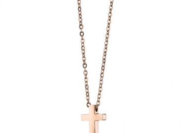 Κολιέ Από Ανοξείδωτο Ατσάλι Ροζ Επιχρυσωμένο Με Σταυρό AS13390 - AMOR AMOR - 